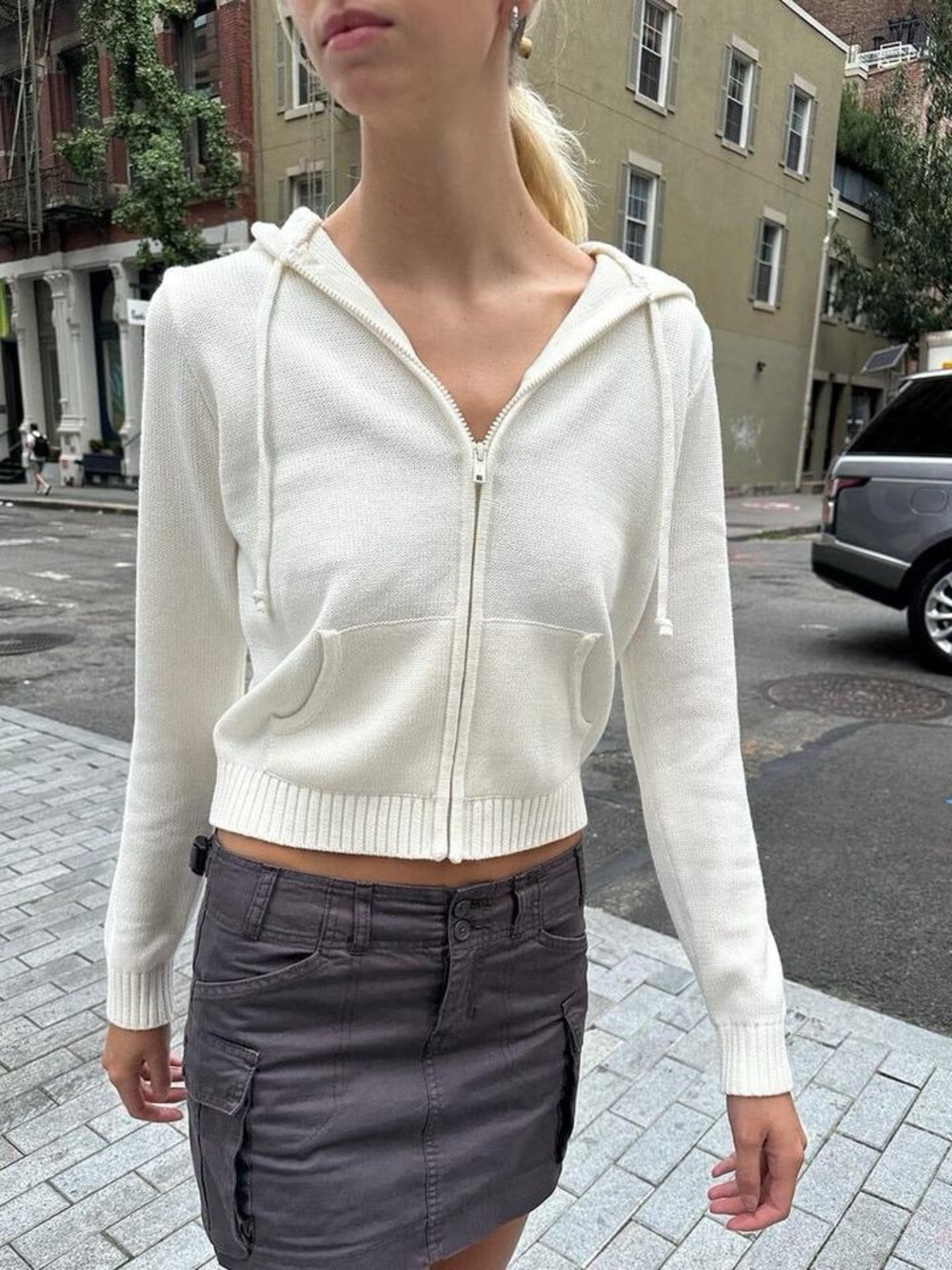 Brandy Melville Alana white knit zip up hoodie